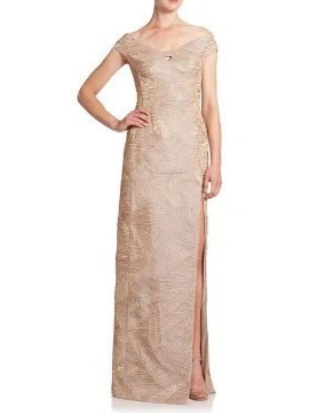 Black Halo Eve Jacquard Gold Metallic Maxi Dress Off The Shoulder Size 6